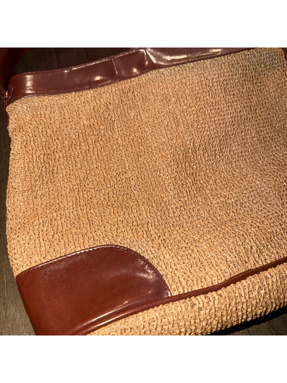 Evan Picone Woven Shoulder Bag Brown Faux Leather Trim Summer Beach Tote Purse - Picture 3 of 8